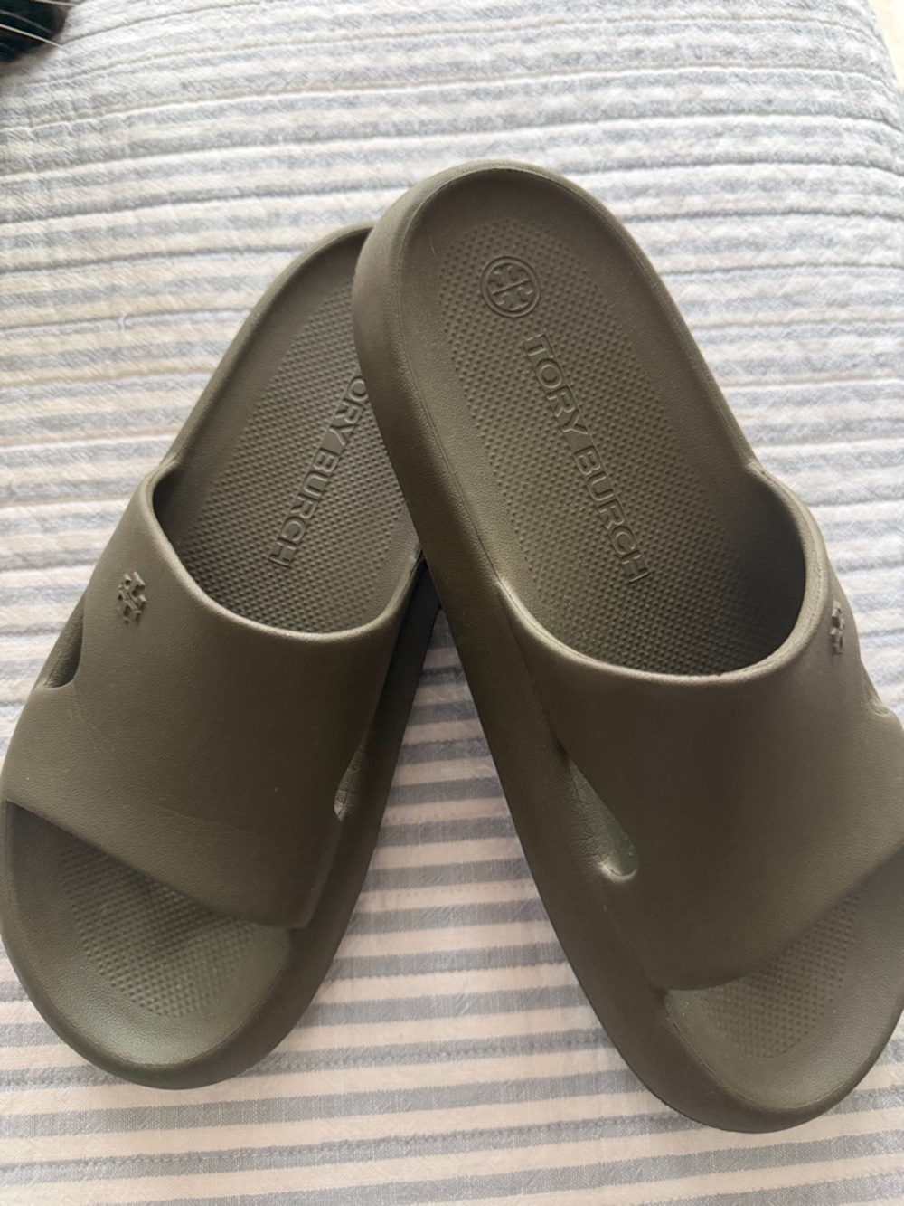 Tory Burch Olive Slide Sandals with Perforated Footbed